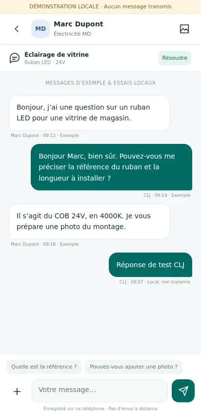 Conversation technique privée entre un client et CLJ LIGHTING