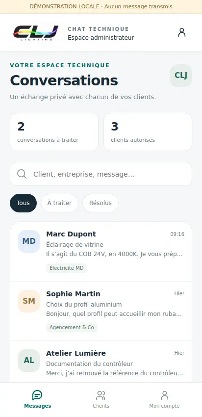 Liste des conversations privées dans l’application CLJ LIGHTING