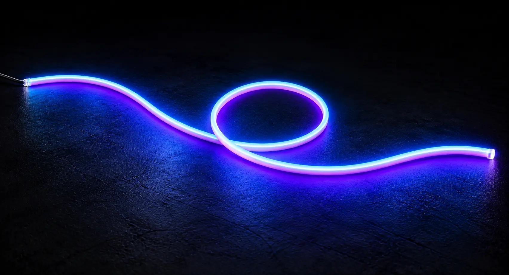 NEON FLEX de 5M formant une vague et un cercle, avec câble d’alimentation et embout visibles
